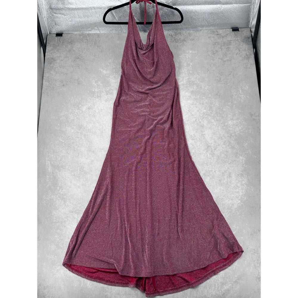 Metallic Shimmer Halter Cowl Neck Open Back Ruched Formal Gown Wine Red SZ L